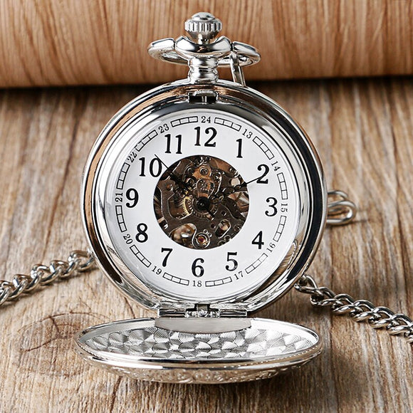 Luxury Silver Shield Pattern Round Dial Mechanical Pocket Watch Casual Antique Fob Watch For Men Women