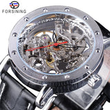 Forsining Silver Skeleton Wristwatches Black Red Pointer Black Genuine Leather Belt Automatic Watches for Men Transparent Watch