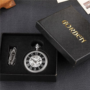 Luxury Silver Pocket Watch Mens Unique Roman Number Sculpture Dial Fashion Mens Mechanical Watches With FOB Chain Men Women Gift