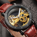 2020 Gold Black Men's Luxury Brand Automatic Mechanical Watches Hollow Out Transparent Skeleton Watches Genuine Leather Bands