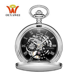 New OYW Brand Stainless Steel Men Fashion Casual Pocket Watch Skeleton dial Silver Hand Wind Mechanical Male Fob Chain Watches