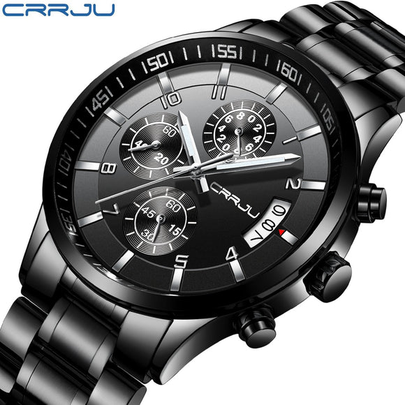 Fashion Watches CRRJU Men Chronograph Luxury Waterproof Watch Black Business Stainless Steel Clock For Men relogio masculino