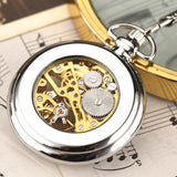 Hot Sale Silver Hand Winding Full Steel Pocket Watches Fashion Unique Skeleton Transparent Mechanical Pocket Watch Fob Chain