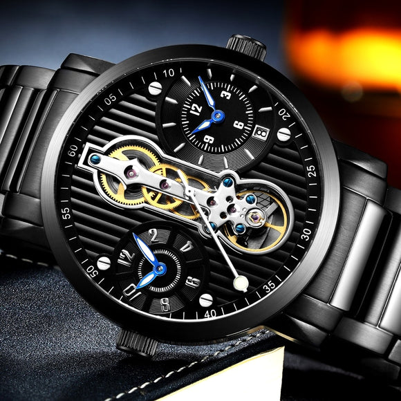 GUANQIN Brand Creative Automatic Men Watch Luxury Tourbillon Skeleton Full Steel Waterproof Men's Business Mechanical Watches