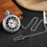 Luxury Silver Pocket Watch Mens Unique Roman Number Sculpture Dial Fashion Mens Mechanical Watches With FOB Chain Men Women Gift