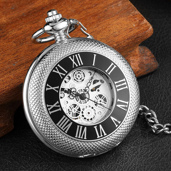 Luxury Silver Pocket Watch Mens Unique Roman Number Sculpture Dial Fashion Mens Mechanical Watches With FOB Chain Men Women Gift