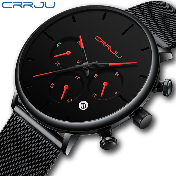 Relogio Masculino CRRJU Mens Business Dress Watches Luxury Casual Waterproof Sport Watch Men 3-Sub Dial Quartz Slim Mesh Watch