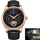 LIGE Brand Classic Mens Retro Watches Automatic Mechanical Watch Tourbillon Clock Genuine Leather Waterproof Military Wristwatch