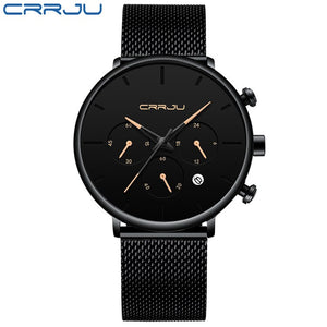 Relogio Masculino CRRJU Mens Business Dress Watches Luxury Casual Waterproof Sport Watch Men 3-Sub Dial Quartz Slim Mesh Watch