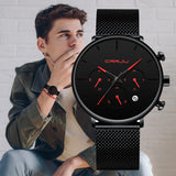 Relogio Masculino CRRJU Mens Business Dress Watches Luxury Casual Waterproof Sport Watch Men 3-Sub Dial Quartz Slim Mesh Watch