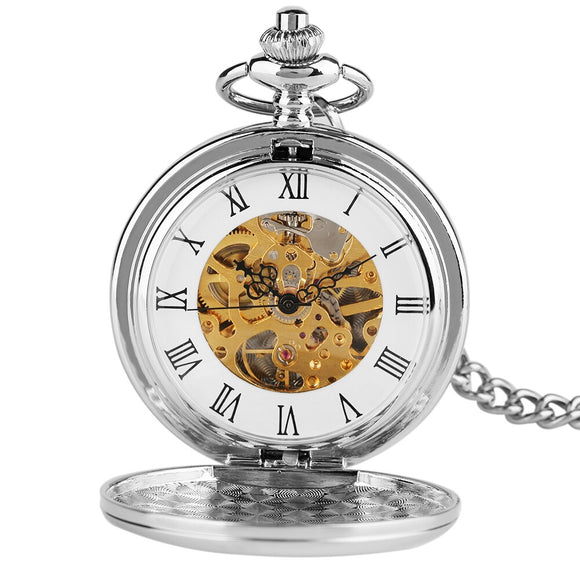 Silver Smooth Double Full Hunter Case Steampunk Skeleton Dial Mechanical Pocket Watch With Chain