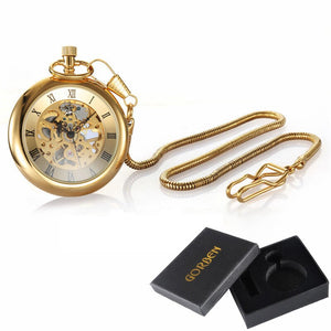 Luxury Gold Skeleton Mechanical Pocket Watch Roman Numerals Antique Hand Winding FOB Chain Men Women Golden Chain Watches Gifts