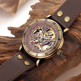 SHENHUA Men Vintage Bronze Blue Coating Automatic Watches Male Skeleton Leather Strap Casual Mechanical Clock Relogio Masculino