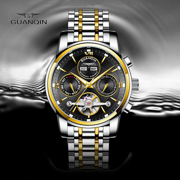 GUANQIN Fashion Sports Automatic Winding Mechanical Watch Men's Watch Stainless Steel Tourbillon Skeleton Waterproof Day Display