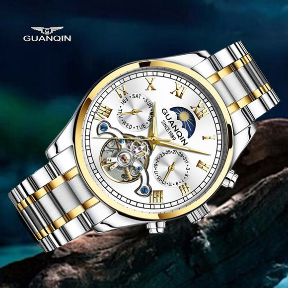 GUANQIN Men's Stainless Steel Watch Luxury Fashion Brand Men's Accessories Mechanical Automatic Watch Stainless Steel Waterproof