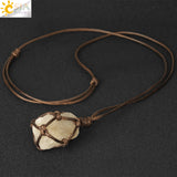 CSJA Natural Stone Rope Wrap Necklace Irregular Rose Crystal Quartz Pendant Necklaces Adjustable Women Girl Vintage Jewelry G317