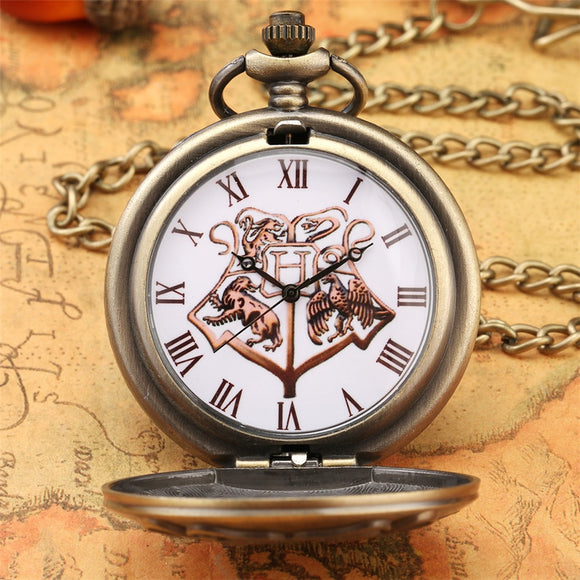 Magical School Theme Men's Bronze Quartz Pendant Pocket Clock Long Chain Pocket Watch Antique Cosplay Necklace Timepiece Gifts
