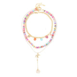 3 Pcs/Set Beach Style Fashion Blue Glass Beaded Long Necklaces For Women Bohemian Shell Pearl Pin Pendant Gold Chain Necklace