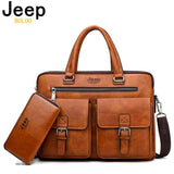 JEEP BULUO Brand Man'sBusiness Briefcase Bag 2pcs/set Split Leather High Quality Men office Bags For 13. 3 inch Laptop A4 Causel