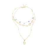 3 Pcs/Set Beach Style Fashion Blue Glass Beaded Long Necklaces For Women Bohemian Shell Pearl Pin Pendant Gold Chain Necklace