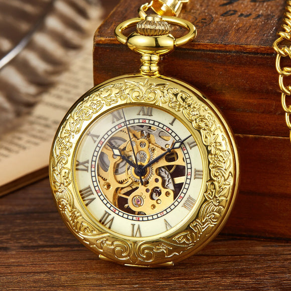 Top Brand Luxury Antique Gold Pocket Watch FOB Chain Necklace Pendants Roman Numerals Watch Gift