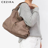 CEZIRA Brand Large Women's Leather Handbags High Quality Female Pu Hobos Shoulder Bags Solid Pocket Ladies Tote Messenger Bags