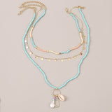 3 Pcs/Set Beach Style Fashion Blue Glass Beaded Long Necklaces For Women Bohemian Shell Pearl Pin Pendant Gold Chain Necklace