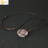 CSJA Natural Stone Rope Wrap Necklace Irregular Rose Crystal Quartz Pendant Necklaces Adjustable Women Girl Vintage Jewelry G317