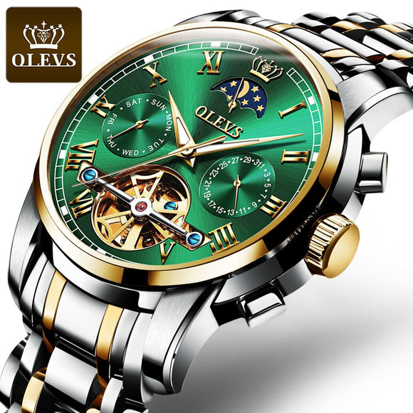 OLEVS Men's Classic Mechanical Watch Waterproof Business Stainless Steel Strap Watch Skeleton Automatic Mechanical Watch