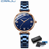 Women Watch CRRJU Fashion Luxury Blue Watch for Women Casual Waterproof Quartz Ladies Stainless Steel Watch relogio feminino