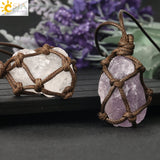 CSJA Natural Stone Rope Wrap Necklace Irregular Rose Crystal Quartz Pendant Necklaces Adjustable Women Girl Vintage Jewelry G317