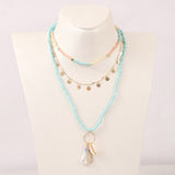 3 Pcs/Set Beach Style Fashion Blue Glass Beaded Long Necklaces For Women Bohemian Shell Pearl Pin Pendant Gold Chain Necklace