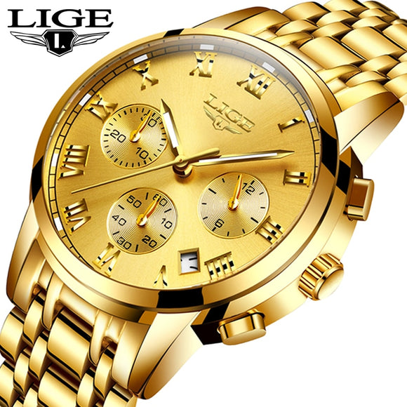 Reloj Hombre LIGE All Gold Watches Mens 2020 Luxury Fashion Quartz Wristwatch Analog Chronograph Men Watch Waterproof Clock+Box