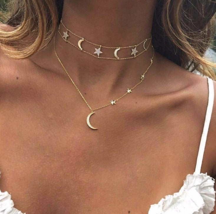 Gold color Choker Necklace for women Long moon Tassel Pendant Chain Ne –  VEGAMONO