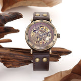 SHENHUA Men Vintage Bronze Blue Coating Automatic Watches Male Skeleton Leather Strap Casual Mechanical Clock Relogio Masculino