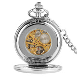 Silver Smooth Double Full Hunter Case Steampunk Skeleton Dial Mechanical Pocket Watch With Chain