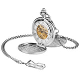 Silver Smooth Double Full Hunter Case Steampunk Skeleton Dial Mechanical Pocket Watch With Chain