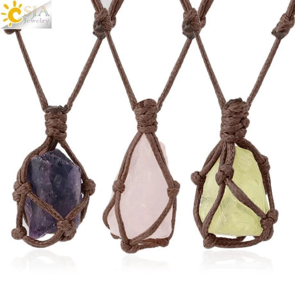 CSJA Natural Stone Rope Wrap Necklace Irregular Rose Crystal Quartz Pendant Necklaces Adjustable Women Girl Vintage Jewelry G317
