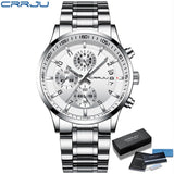 Fashion Watches CRRJU Men Chronograph Luxury Waterproof Watch Black Business Stainless Steel Clock For Men relogio masculino