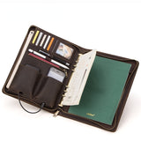 10.5 inch Multifunctional A5 Loose-Leaf Zippered Padfolio Genuine Leather Business Notebook With Cellphone Bag Power Bank Pocket