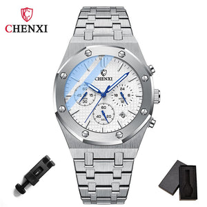 Luxury Dress Watches Men Silver Stainless Steel Calendar Chrono Watch for Male Luminous Pointer Sport Clock Husband Lover's Gift