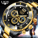 LIGE Watches Mens Top Brand Luxury Clock Casual Stainless Steel 24Hour Moon Phase Men Watch Sport Waterproof Quartz Chronograph