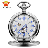 New OYW Brand Stainless Steel Men Fashion Casual Pocket Watch Skeleton dial Silver Hand Wind Mechanical Male Fob Chain Watches