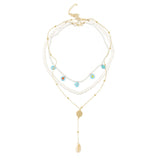 3 Pcs/Set Beach Style Fashion Blue Glass Beaded Long Necklaces For Women Bohemian Shell Pearl Pin Pendant Gold Chain Necklace