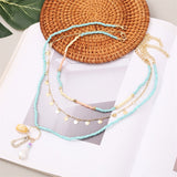 3 Pcs/Set Beach Style Fashion Blue Glass Beaded Long Necklaces For Women Bohemian Shell Pearl Pin Pendant Gold Chain Necklace