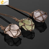 CSJA Natural Stone Rope Wrap Necklace Irregular Rose Crystal Quartz Pendant Necklaces Adjustable Women Girl Vintage Jewelry G317