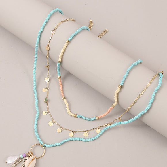 3 Pcs/Set Beach Style Fashion Blue Glass Beaded Long Necklaces For Women Bohemian Shell Pearl Pin Pendant Gold Chain Necklace