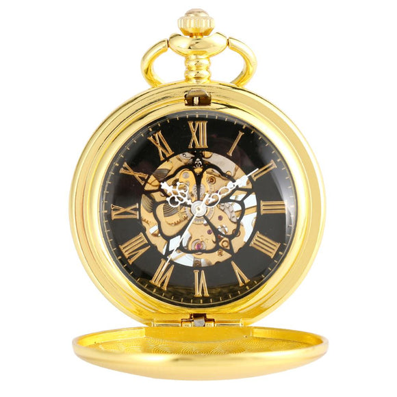 2020 Retro Golden Case Skeleton Vintage Black Roman Number Flower Dial Men Mechanical Pocket Watch With Chain for Luxury Gifts