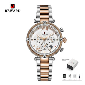 REWARD Fashion New Women Watches Elegant Chronograph Dial calendar Stainless steel Strap Quartz Japanese Movement Waterproof